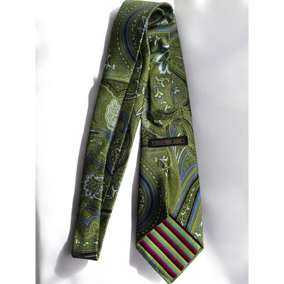 COUNTESS MARA 100% Silk Necktie Green Paisley Multicolor Striped Tip - Picture 6 of 14